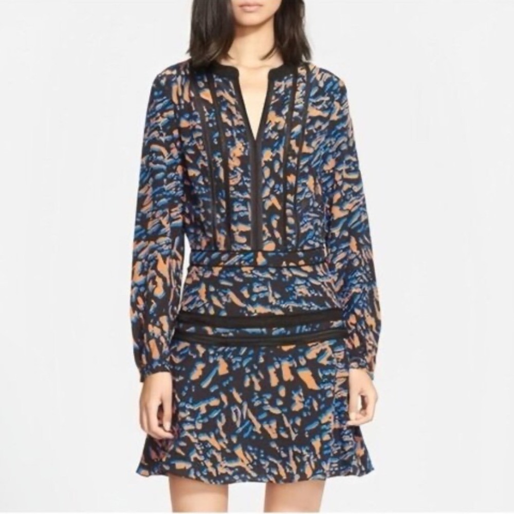 Veronica Beard Silk Dress Black Multicolor Print Long Sleeve Women's Size 8